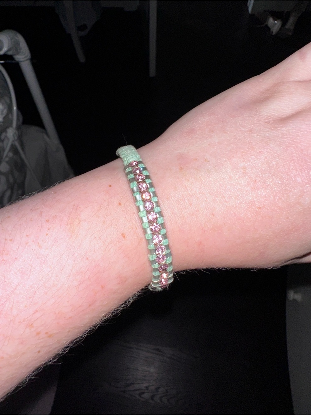 Light Green Beaded Bracelet with Pink Crystal Accents